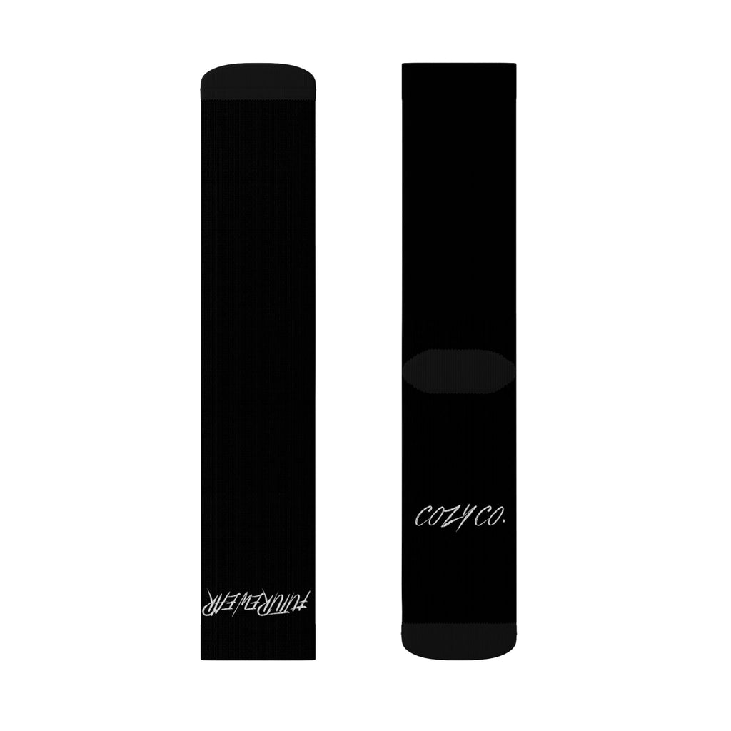 Crew Socks — Black Sublimated Design with “Future Fleur” & CozyCo. Script