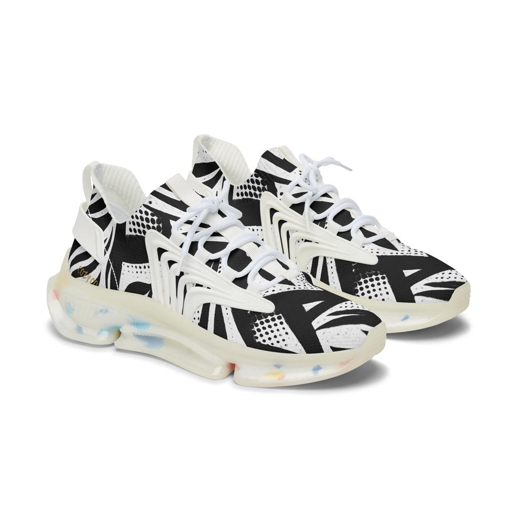 Black & White Geometric Mesh Sneakers — Women's Fashion Athletic Shoes