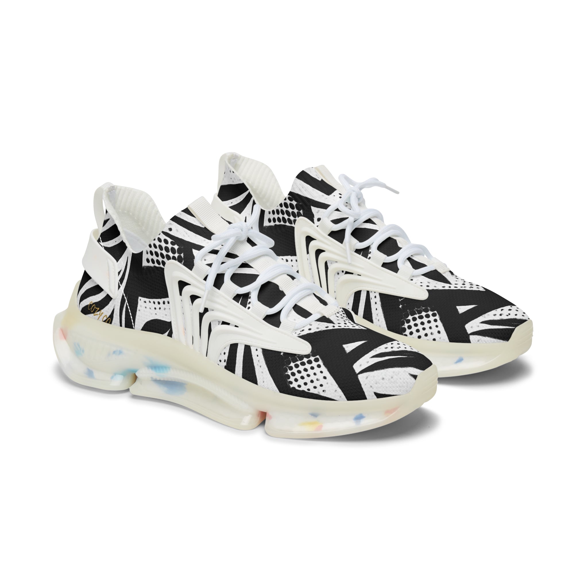 Black & White Geometric Mesh Sneakers — Women's Fashion Athletic Shoes