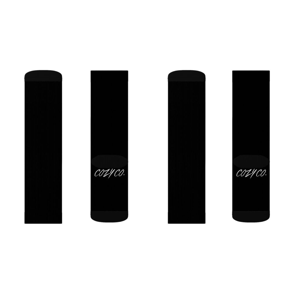 Crew Socks — Black Sublimated Design with “Future Fleur” & CozyCo. Script