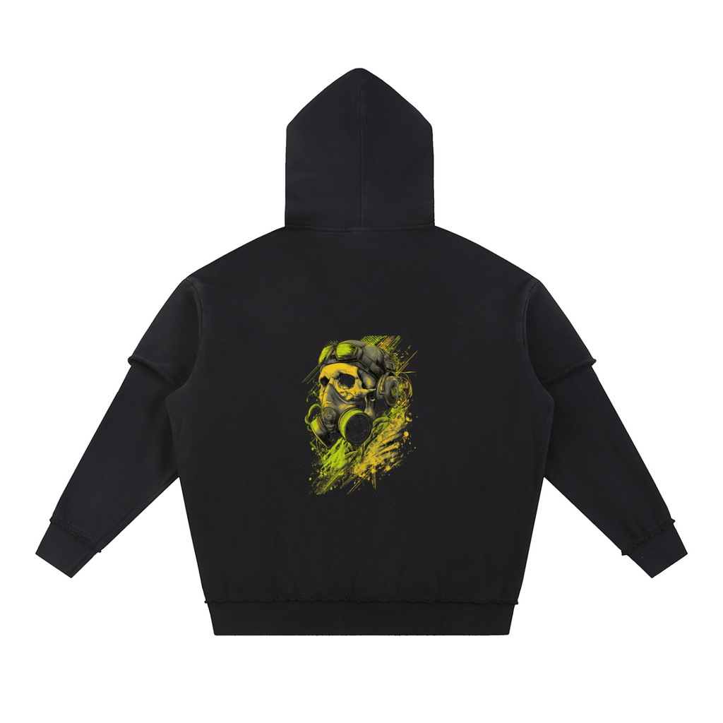 Skull Gas Mask Snow Washed Raw Edge Double Layered Hoodie