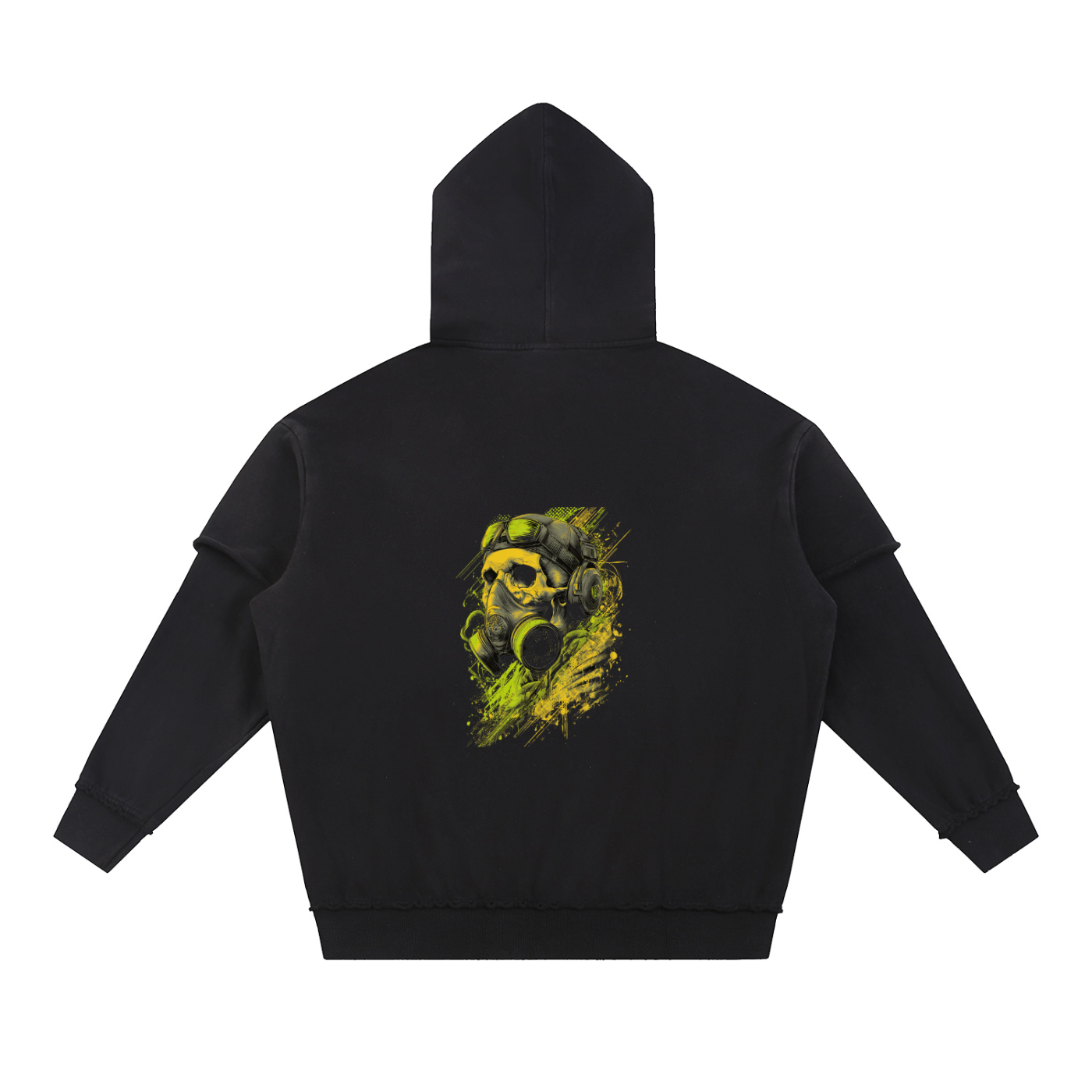 Skull Gas Mask Snow Washed Raw Edge Double Layered Hoodie