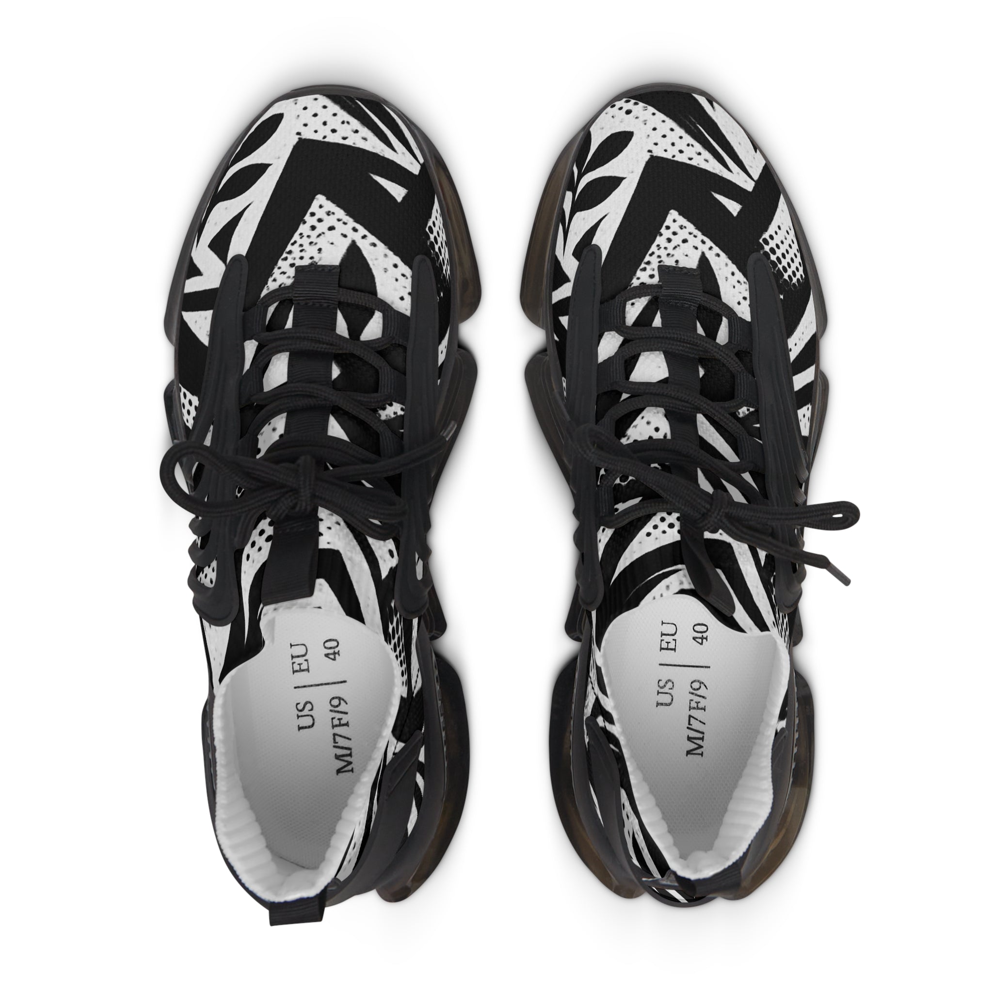 Black & White Geometric Mesh Sneakers — Women's Fashion Athletic Shoes