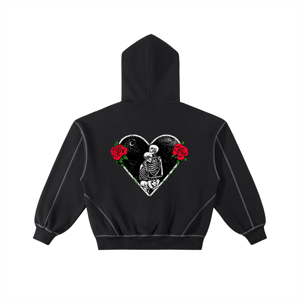 Skeleton heart Contrast-Stitched Boxy Fleece Zip Hoodie