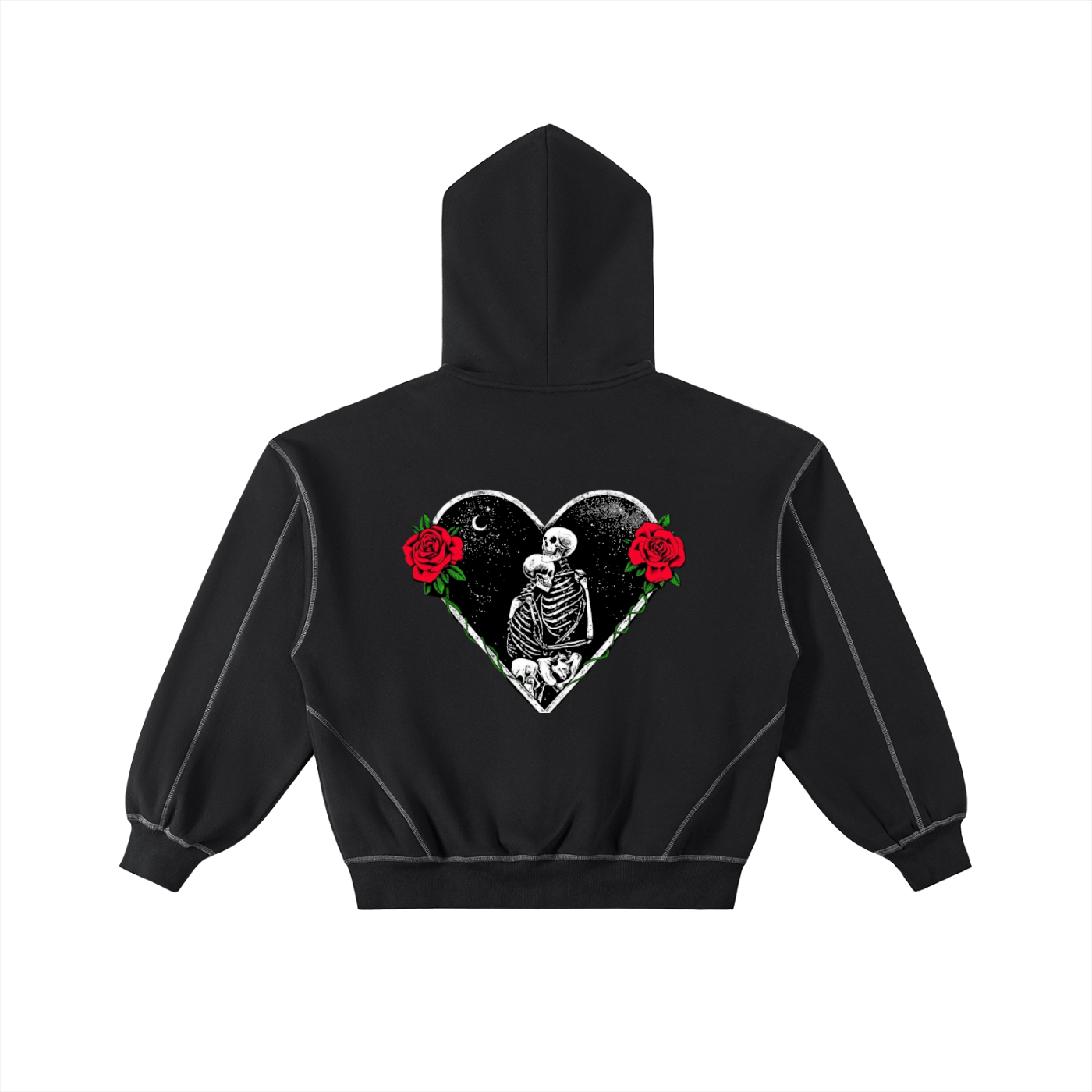 Skeleton heart Contrast-Stitched Boxy Fleece Zip Hoodie
