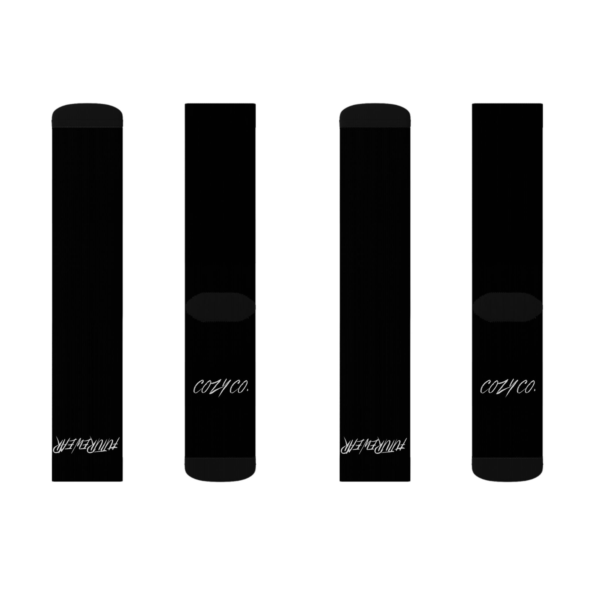 Crew Socks — Black Sublimated Design with “Future Fleur” & CozyCo. Script