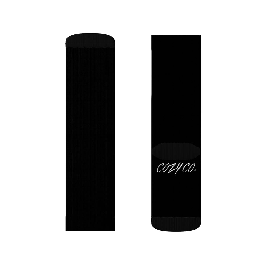 Crew Socks — Black Sublimated Design with “Future Fleur” & CozyCo. Script