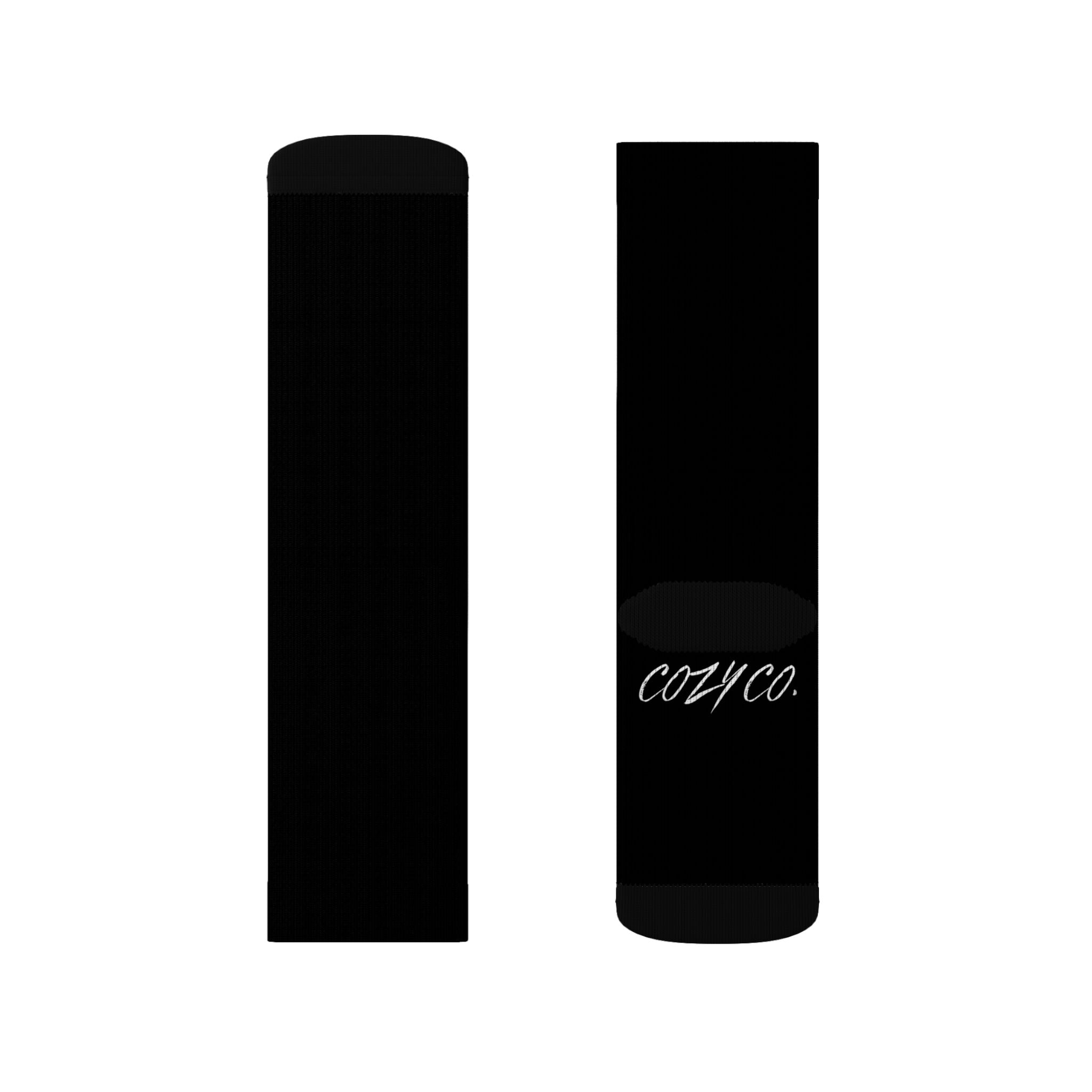 Crew Socks — Black Sublimated Design with “Future Fleur” & CozyCo. Script