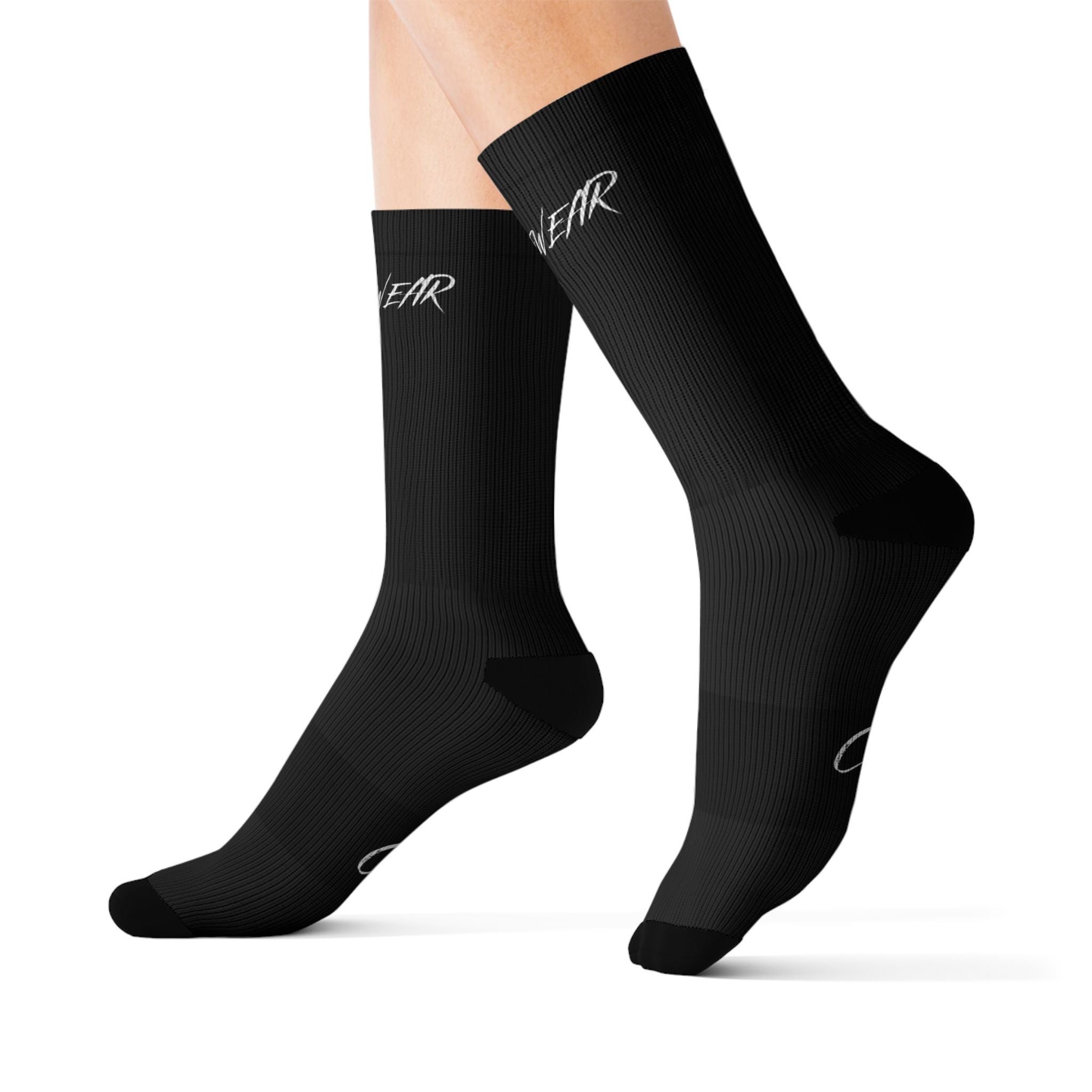 Crew Socks — Black Sublimated Design with “Future Fleur” & CozyCo. Script