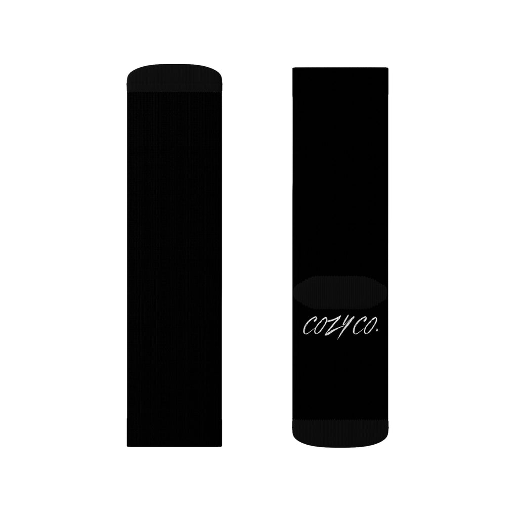 Crew Socks — Black Sublimated Design with “Future Fleur” & CozyCo. Script