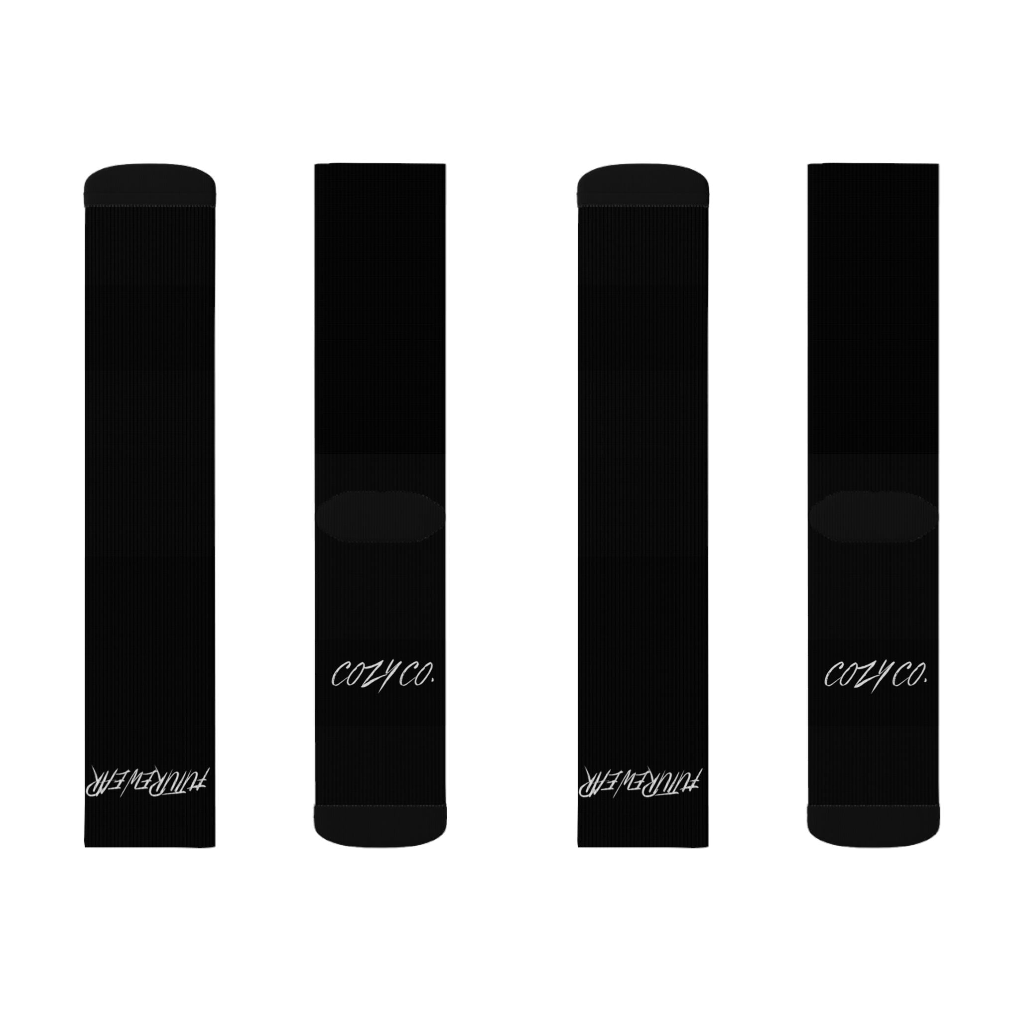 Crew Socks — Black Sublimated Design with “Future Fleur” & CozyCo. Script