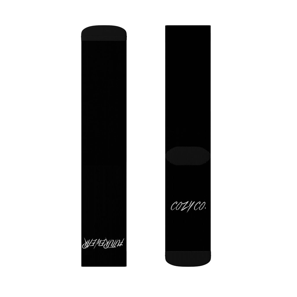 Crew Socks — Black Sublimated Design with “Future Fleur” & CozyCo. Script