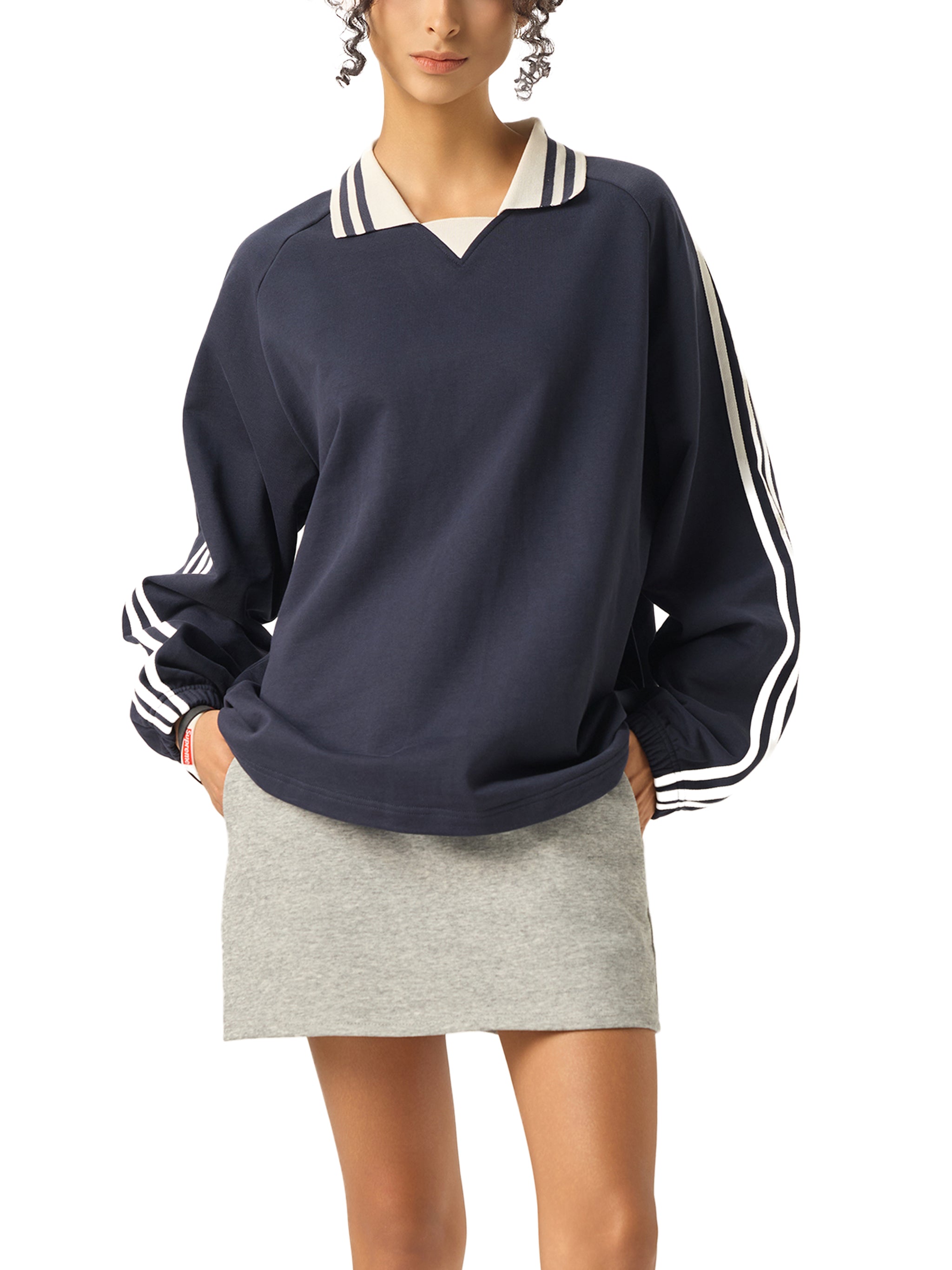 Contrast Striped Lapel Collar Sweatshirt