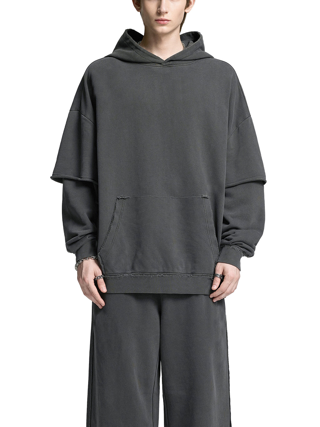 Skull Gas Mask Snow Washed Raw Edge Double Layered Hoodie