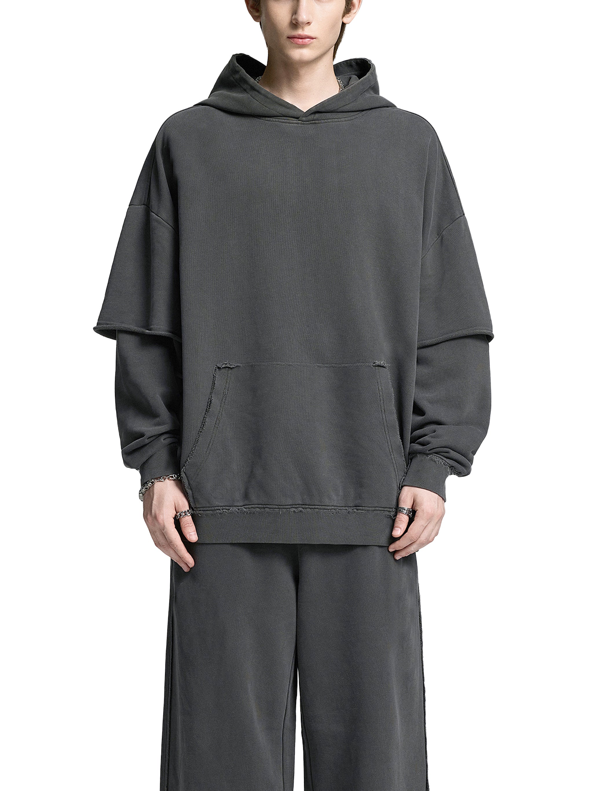 Skull Gas Mask Snow Washed Raw Edge Double Layered Hoodie