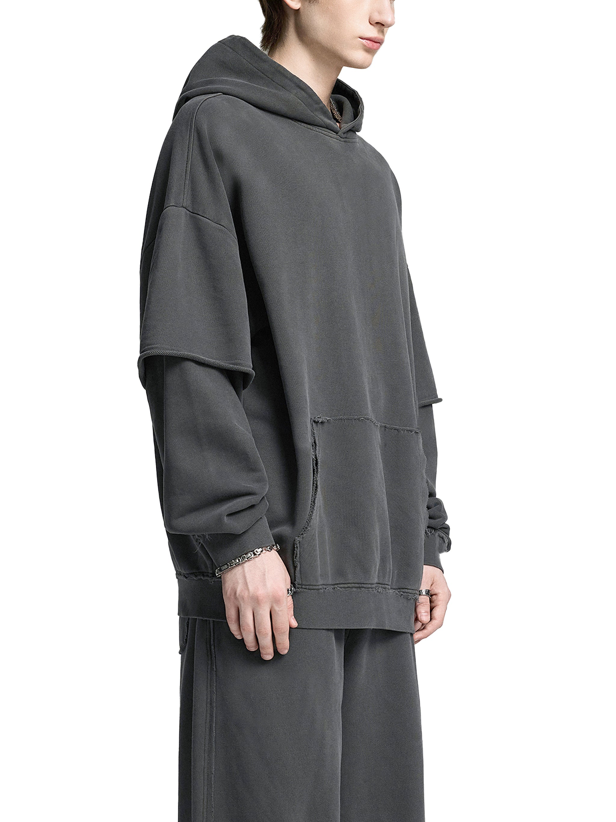 Skull Gas Mask Snow Washed Raw Edge Double Layered Hoodie