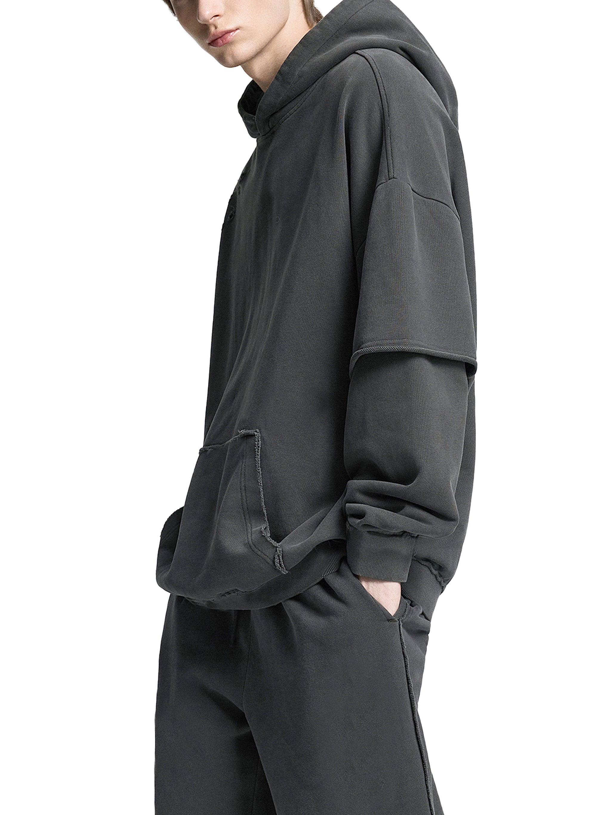 Skull Gas Mask Snow Washed Raw Edge Double Layered Hoodie